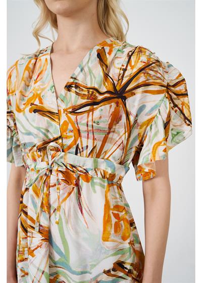 Beli Bağcıklı Baskılı Elbise