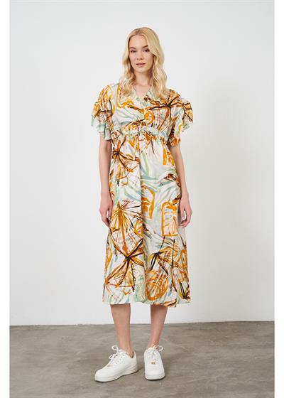 Beli Bağcıklı Baskılı Elbise