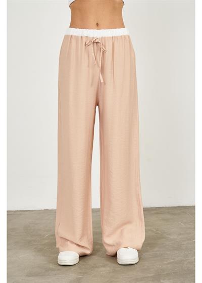 Beli Garnili Bağcıklı Bol Keten Görünümlü Pantolon