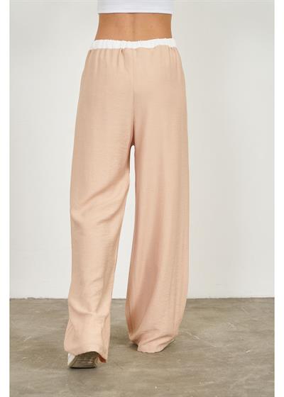 Beli Garnili Bağcıklı Bol Keten Görünümlü Pantolon