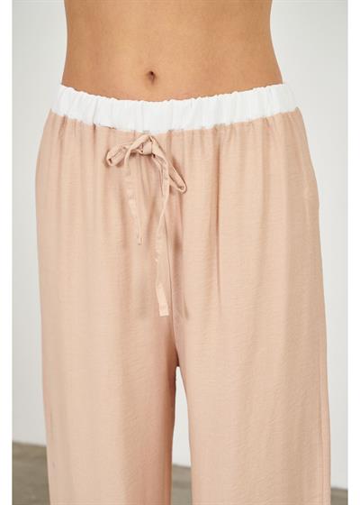 Beli Garnili Bağcıklı Bol Keten Görünümlü Pantolon