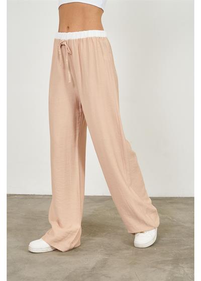 Beli Garnili Bağcıklı Bol Keten Görünümlü Pantolon