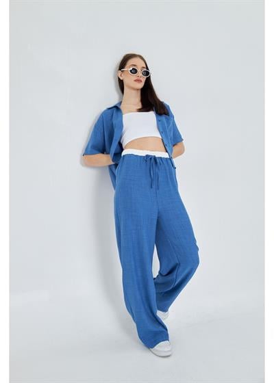 Beli Garnili Bağcıklı Keten Görünümlü Pantolon 