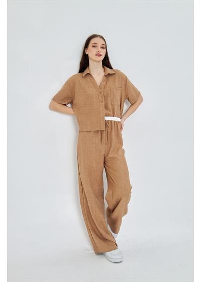 Beli Garnili Bağcıklı Keten Görünümlü Pantolon 