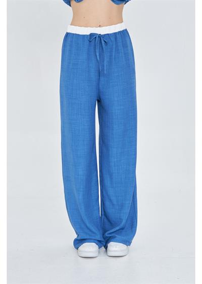 Beli Garnili Bağcıklı Keten Görünümlü Pantolon 