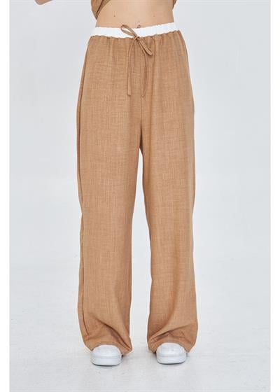 Beli Garnili Bağcıklı Keten Görünümlü Pantolon 