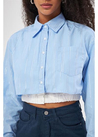 Beli Lastikli Çizgili Crop Gömlek 