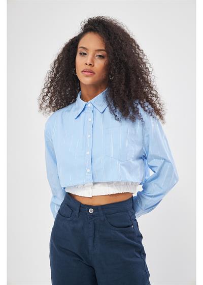 Beli Lastikli Çizgili Crop Gömlek 