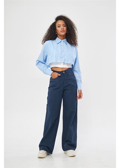 Beli Lastikli Çizgili Crop Gömlek 