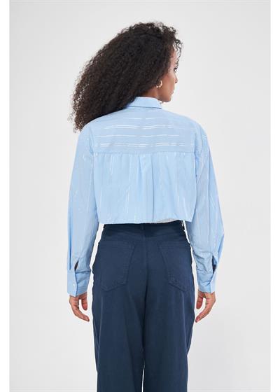 Beli Lastikli Çizgili Crop Gömlek 