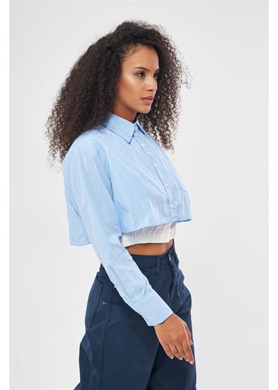 Beli Lastikli Çizgili Crop Gömlek 