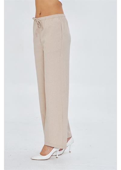 Beli Lastikli Çizgili Poliviskon Pantolon 