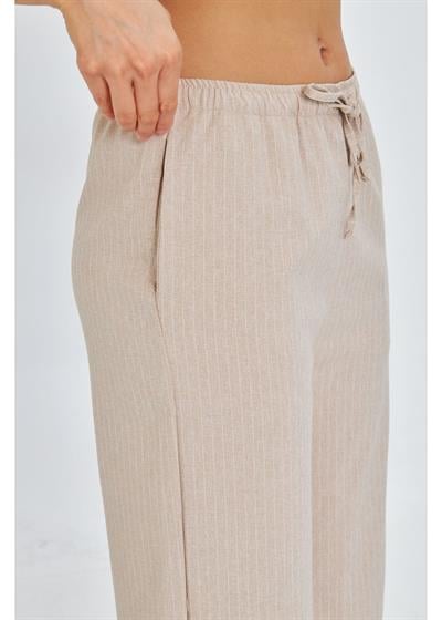 Beli Lastikli Çizgili Poliviskon Pantolon 
