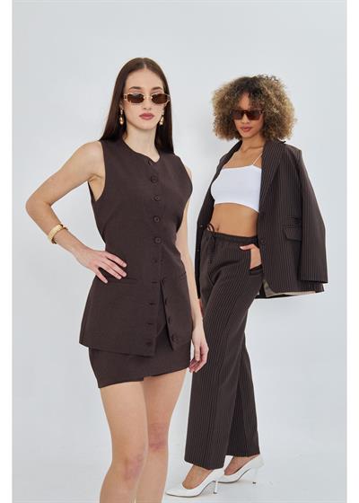 Beli Lastikli Çizgili Poliviskon Pantolon 