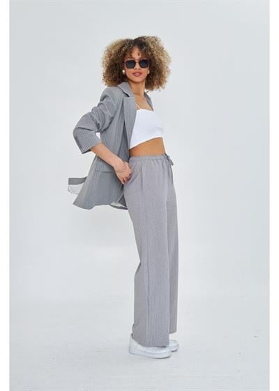 Beli Lastikli Çizgili Poliviskon Pantolon 