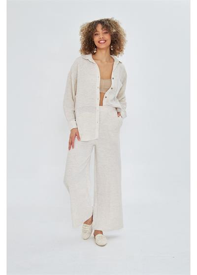 Beli Lastikli Yandan Cepli Müslin Keten Görünümlü Pantolon 