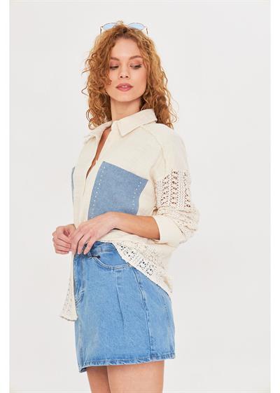 Cebi Taşlı Dantelli Keten Görünümlü Gömlek 