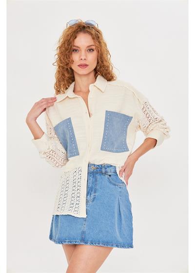 Cebi Taşlı Dantelli Keten Görünümlü Gömlek 