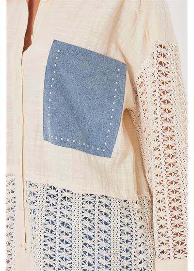 Cebi Taşlı Dantelli Keten Görünümlü Gömlek 