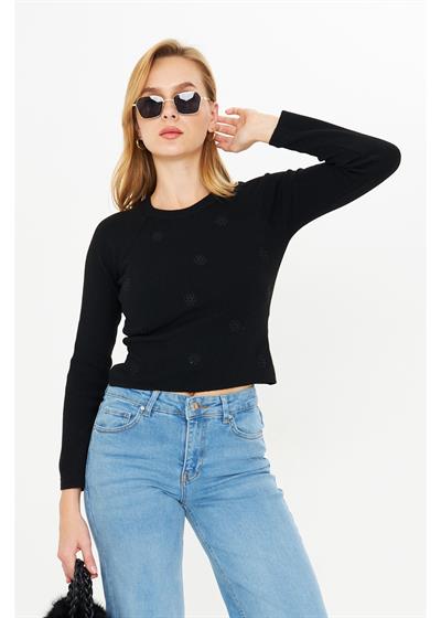 Çiçek İşlemeli Uzun Kollu Örgü Kazak 