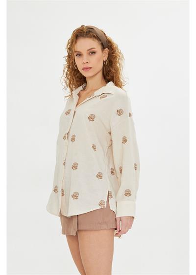 Çiçek Nakışlı Bambu Keten Görünümlü Gömlek 