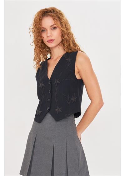 Çiçek Nakışlı Keten Görünümlü Yelek 