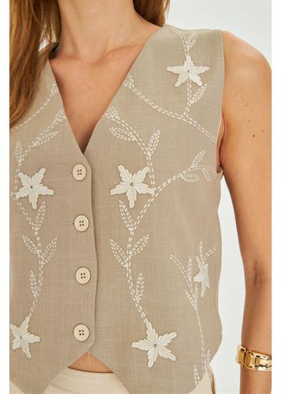 Çiçek Nakışlı Keten Görünümlü Yelek 