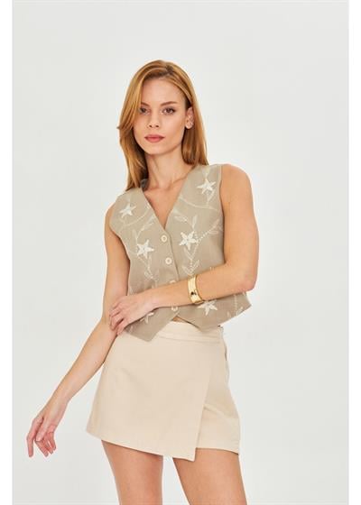 Çiçek Nakışlı Keten Görünümlü Yelek 