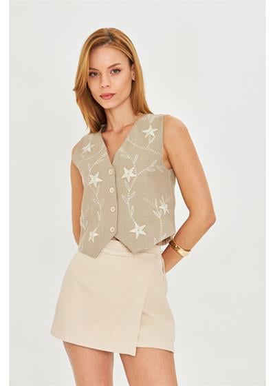 Çiçek Nakışlı Keten Görünümlü Yelek 