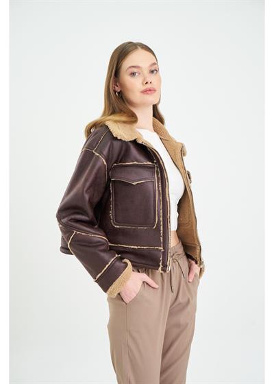Çift Cepli Peluş Deri Mont