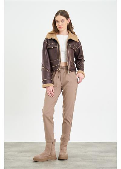 Çift Cepli Peluş Deri Mont