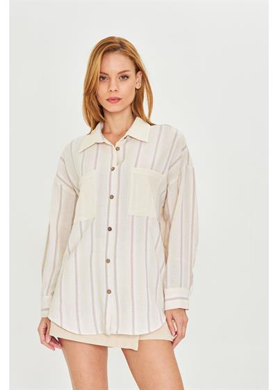 Çizgili Cepli Keten Görünümlü Gömlek 