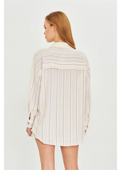 Çizgili Cepli Keten Görünümlü Gömlek 