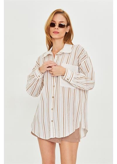 Çizgili Modal Dantel Garnili Gömlek 