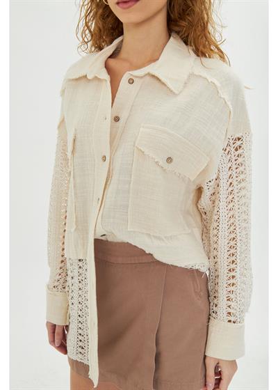 Dantel Garnili Ketenli Müslin Gömlek 