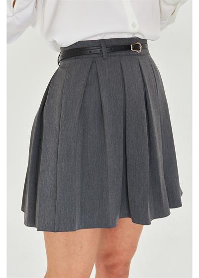 Deri Kemerli Pileli Kısa Etek 