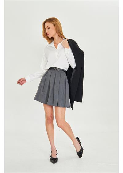 Deri Kemerli Pileli Kısa Etek 