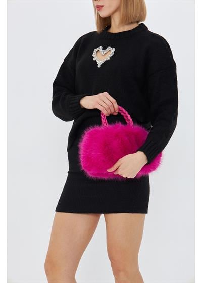 Deri Kulplu Peluş Çanta 