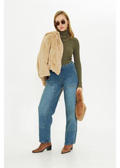 Dikişli Bol Paça Jean Pantolon 