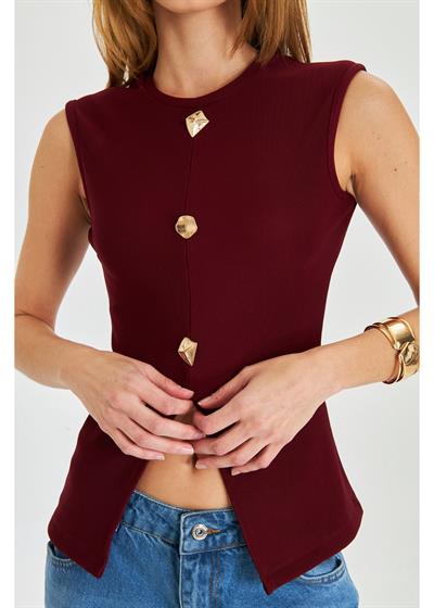 Düğme Detaylı Sıfır Kol Bluz 