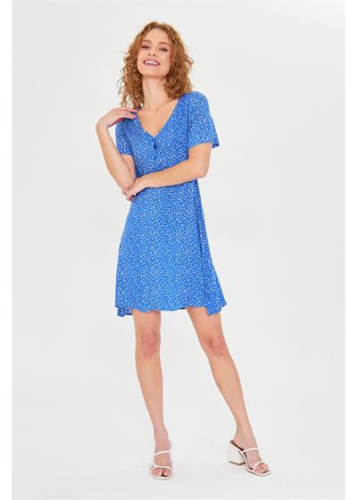 Düğmeli Çiçekli Viskon Elbise 