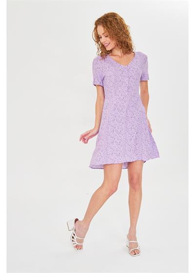 Düğmeli Çiçekli Viskon Elbise 