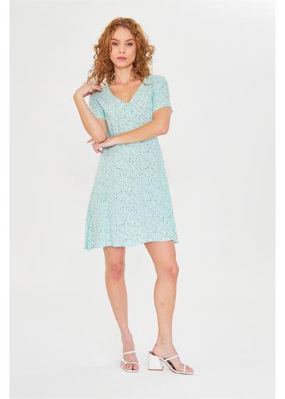 Düğmeli Çiçekli Viskon Elbise 