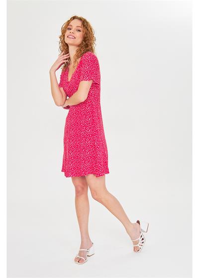 Düğmeli Çiçekli Viskon Elbise 