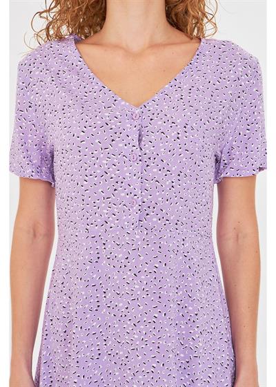 Düğmeli Çiçekli Viskon Elbise 