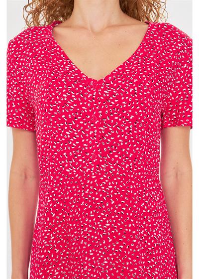 Düğmeli Çiçekli Viskon Elbise 