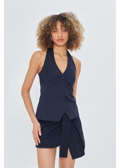 Düğmeli Halter Yaka Yelek 