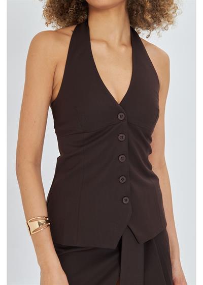 Düğmeli Halter Yaka Yelek 