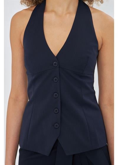Düğmeli Halter Yaka Yelek 