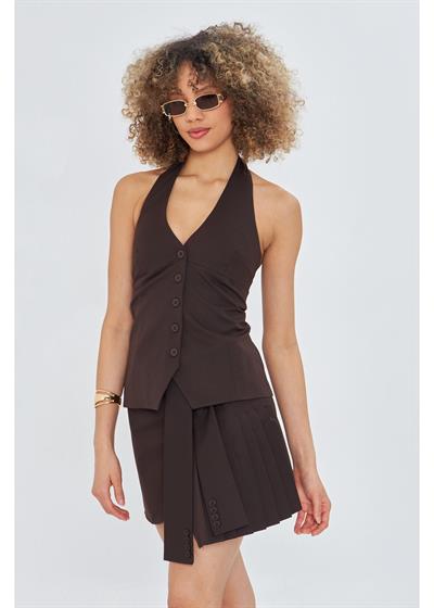 Düğmeli Halter Yaka Yelek 